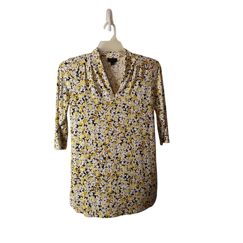 J Jill Wearever Floral Tunic Top Womens XS Yellow Black Split Neck 3/4 Sleeve